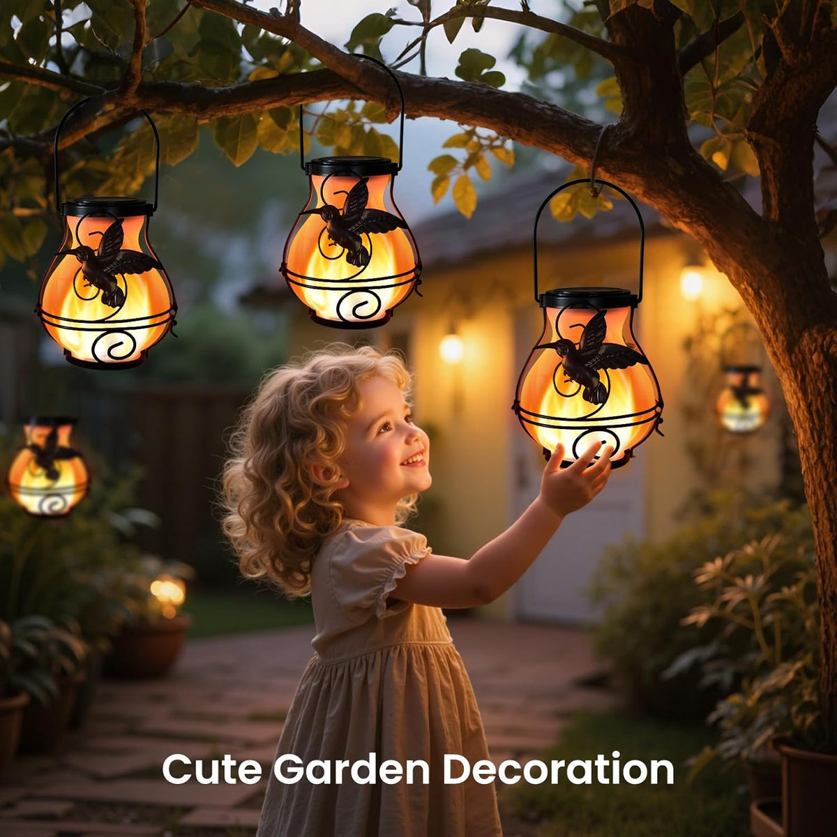 2 Pack Solar Lanterns Outdoor Waterproof Flickering Flame Lights Hummingbird Metal Hanging Solar