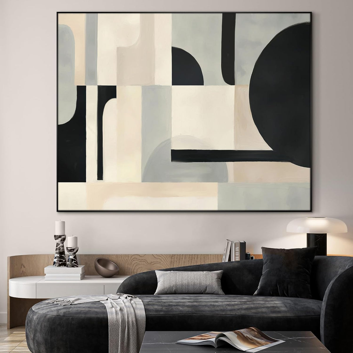 SIGNWIN 36"x46" Extra Large Framed Wall Art Modern Neutral Abstract Geometric in Black and Beige