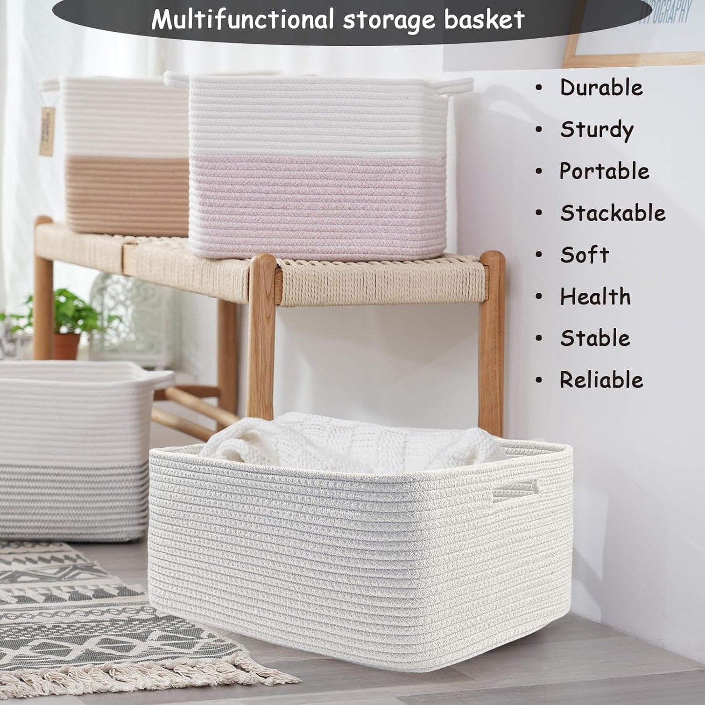 COMFY-HOMI Cotton Rope Woven Basket with Handles for Shelves,Toys,Book, Cloth Storage Baskets for