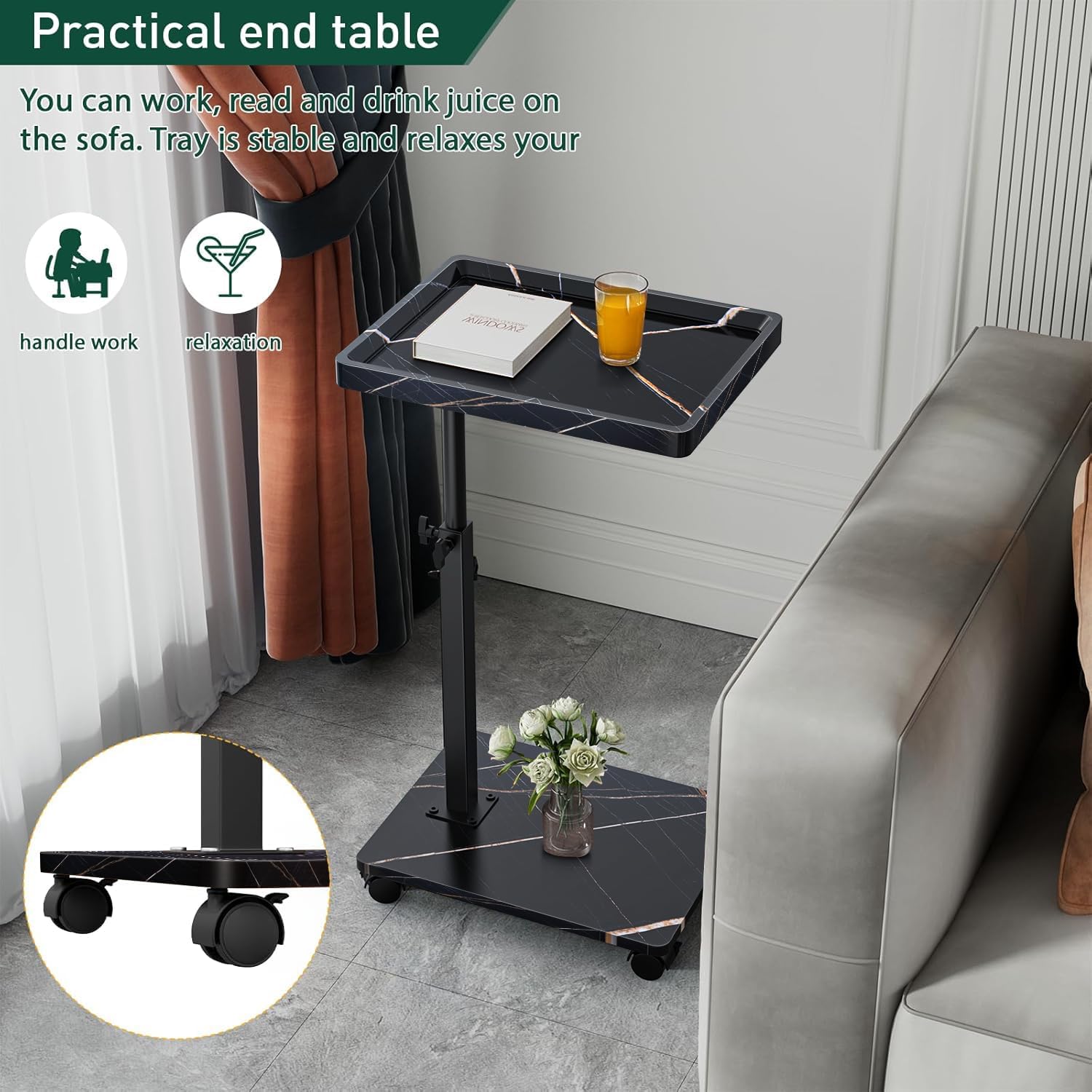 C Table End Table Adjustable Height, 360°Swivel TV Tray Table for Small Spaces, Couch Tables That