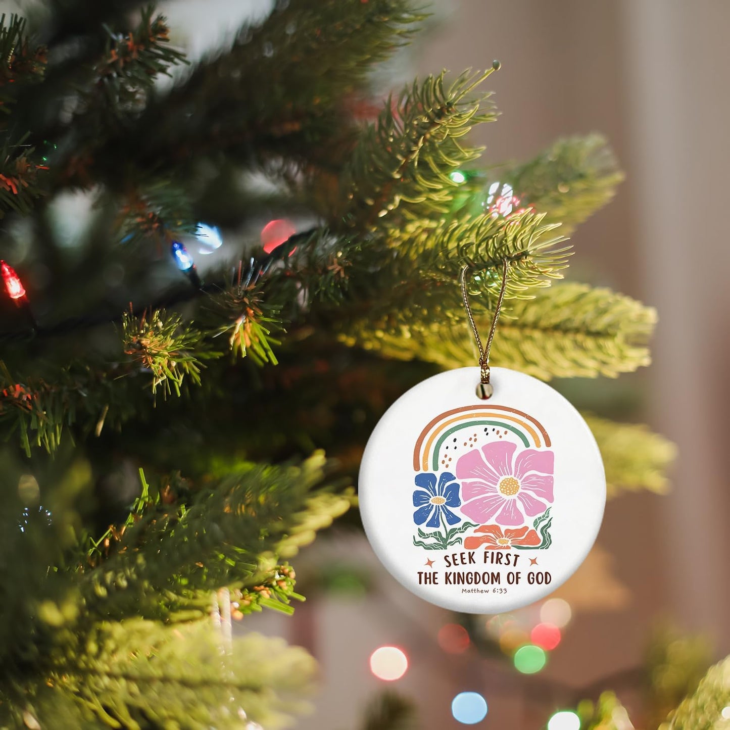 Christian Ornaments, Matthew 6:33 Seek First Scripture 70s Groovy Retro Floral Ceramic Ornament