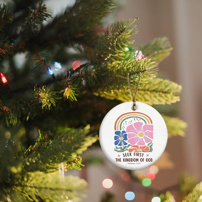 Christian Ornaments, Matthew 6:33 Seek First Scripture 70s Groovy Retro Floral Ceramic Ornament