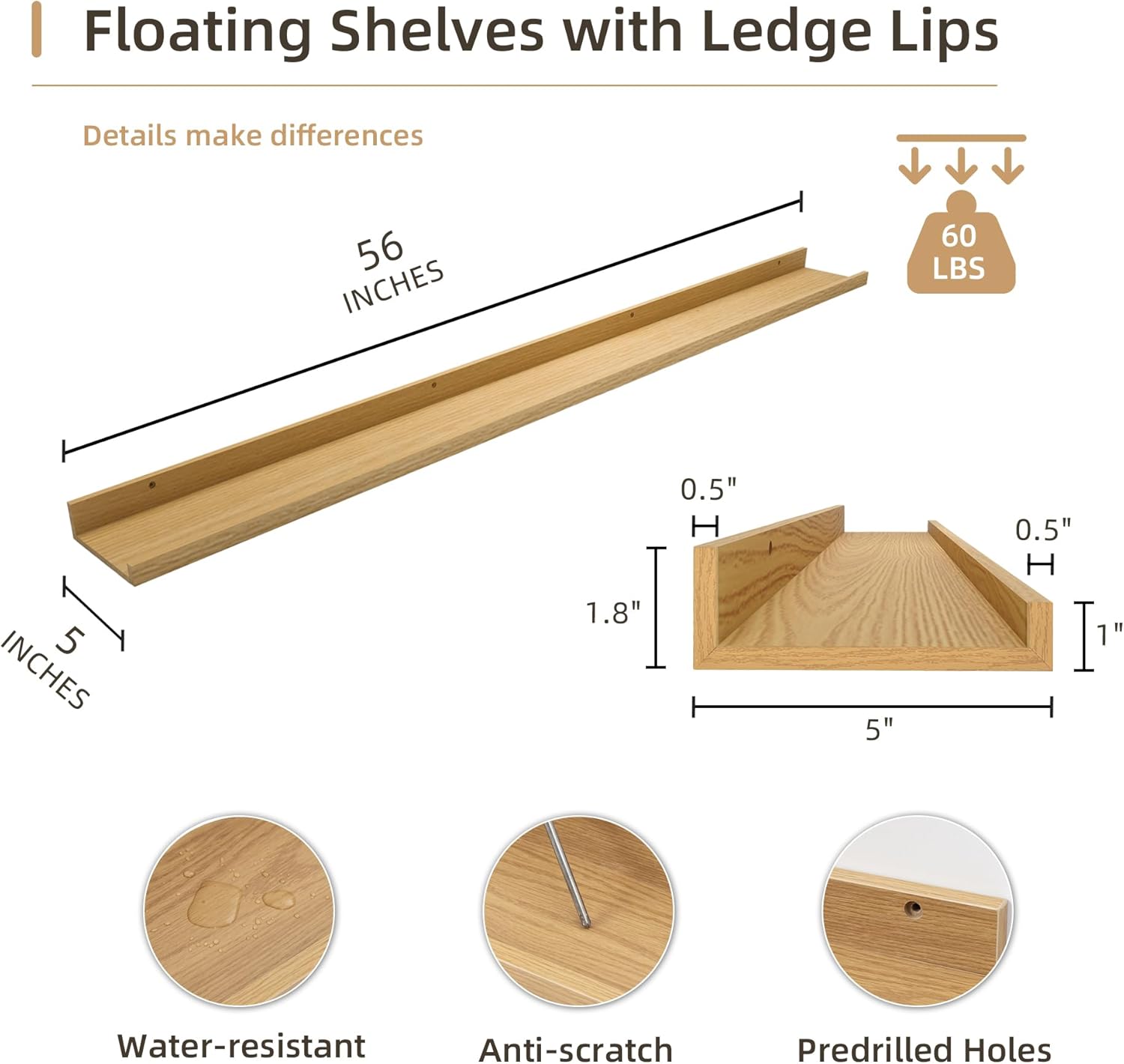 Picture Ledge Shelf, Wood Long Floating Shelves for Wall, Set of 2, 56 inch Picture Ledge Shelves