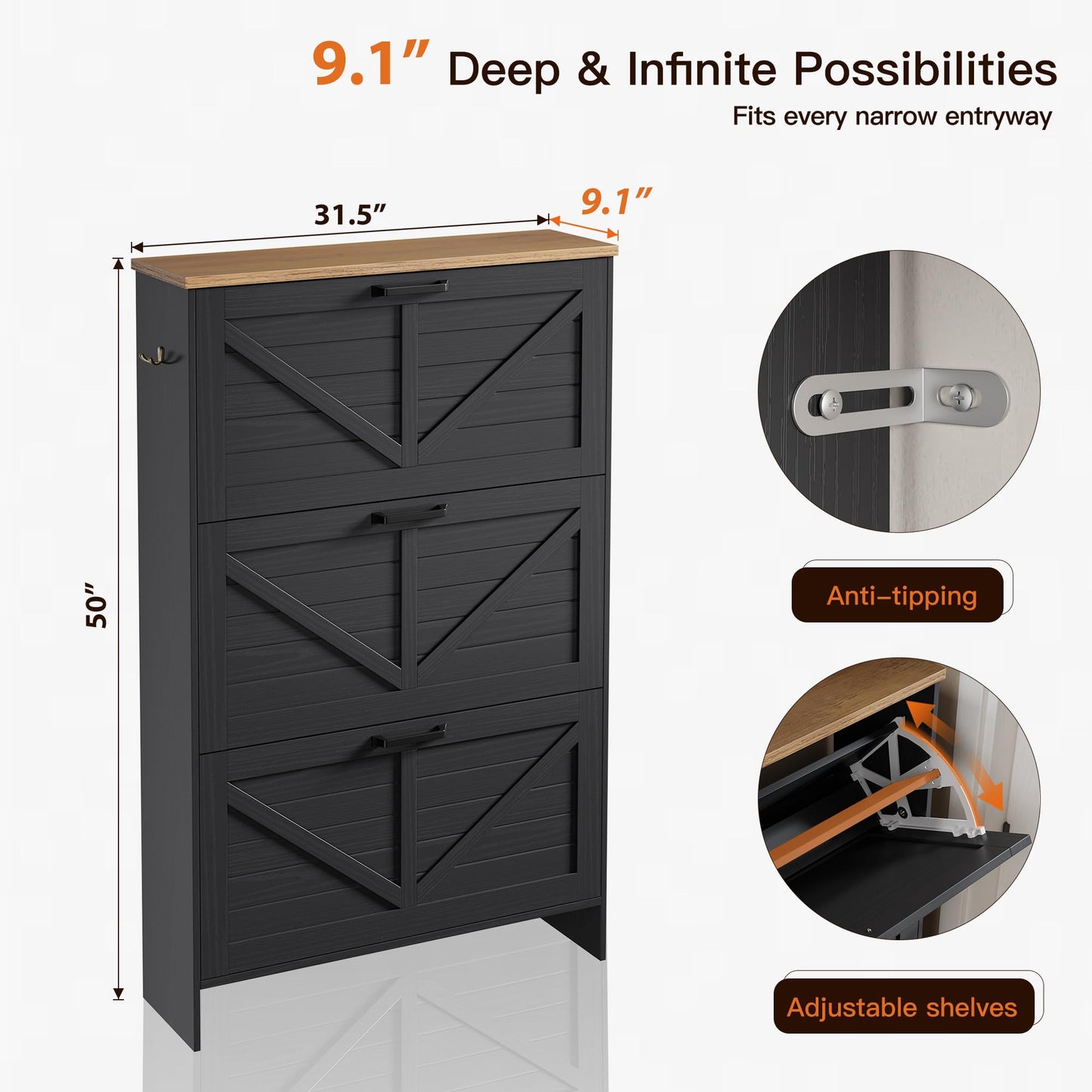 Nicetree Shoe Storage Cabinet for Entryway, 9.1" Ultra Slim 3-Drawer Flip Shoe Cabinet, Modern