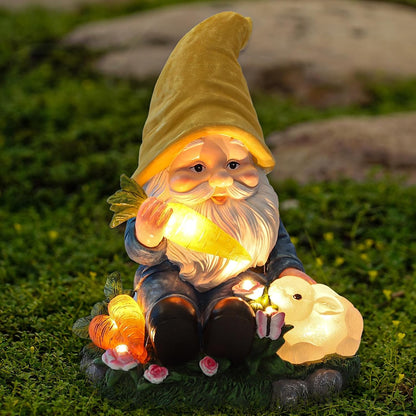 Solar Garden Outdoor Statues Gnome Feeding Rabbit with 6 LED Solar Figurine for
