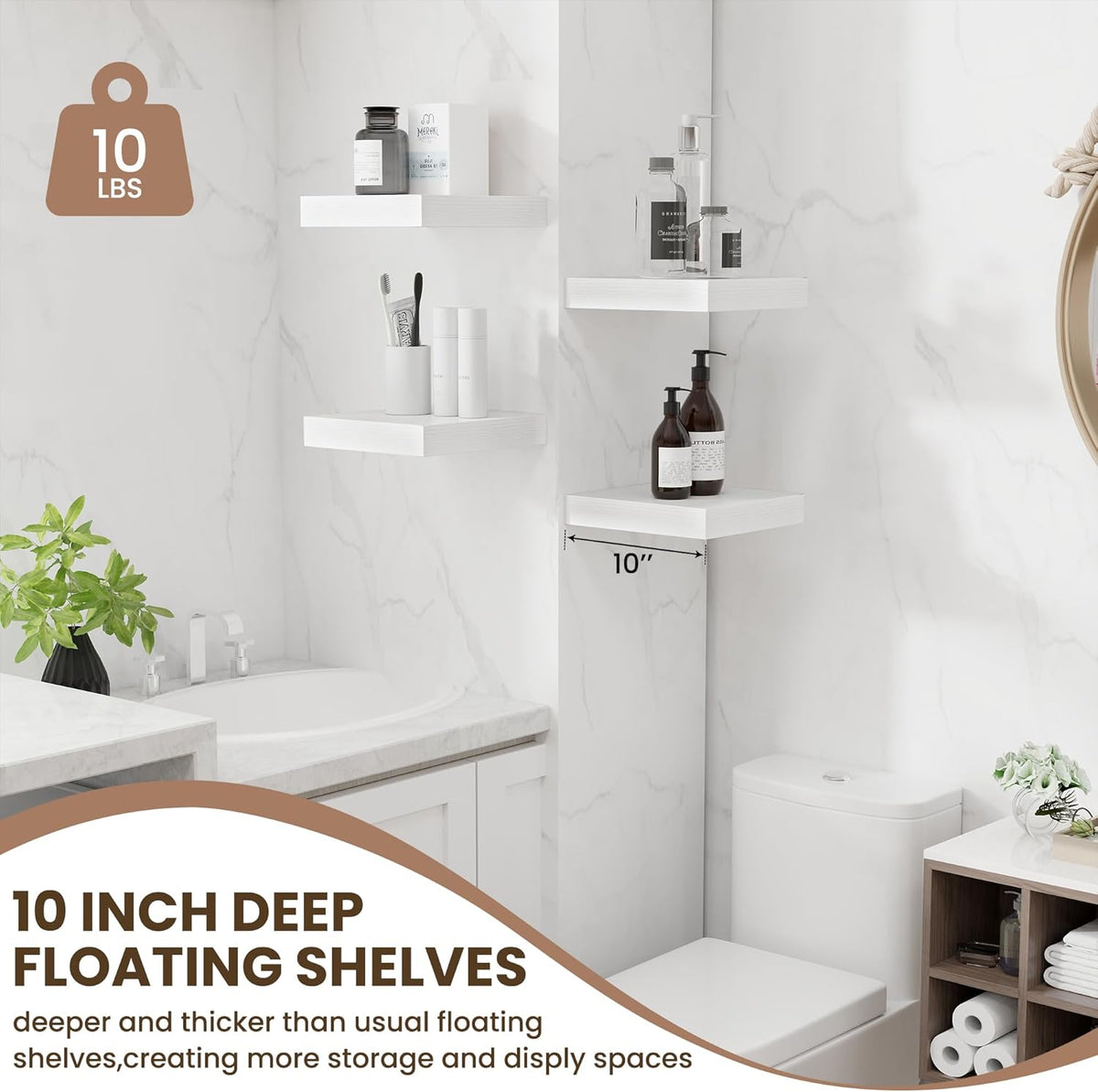 Fun Memories Floating Shelves for Wall 10 Inch, 10 Inch Deep Square Wall Shelves, Bathroom Storage