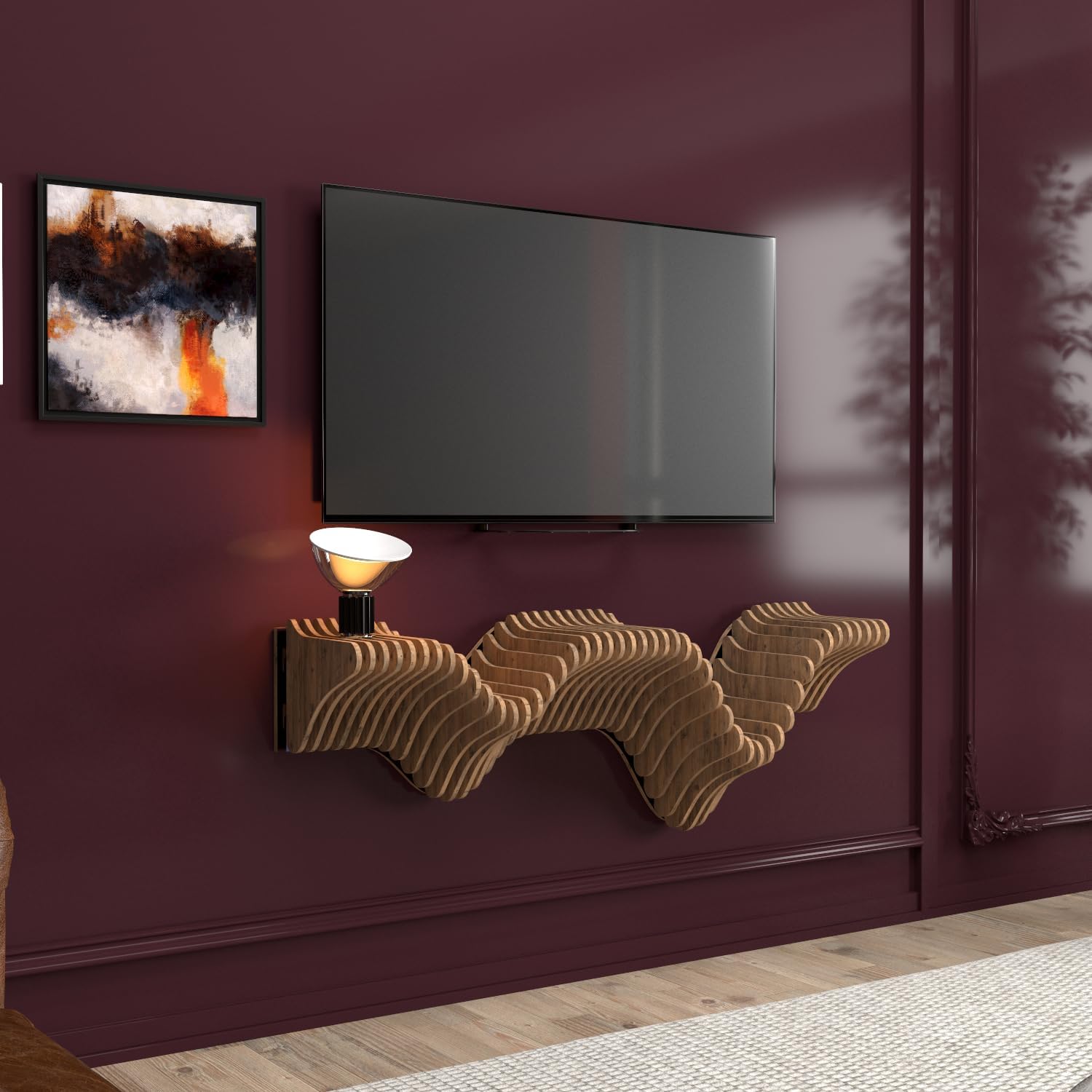 Parametric 40 inch Floating Shelf TV Unit Modern Geometric Wooden Wall Piece Decor Natural Oak