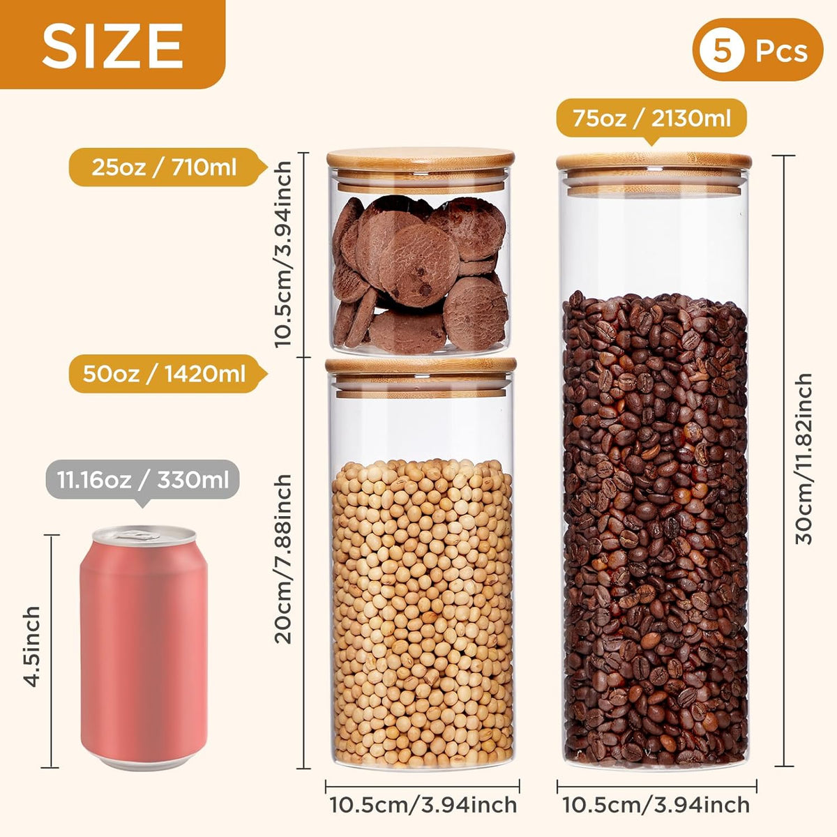 Glass Food Storage Jars with Lids[Set of 5], Perfect for Pasta, Cookies, Nuts, Coffee, Cereal
