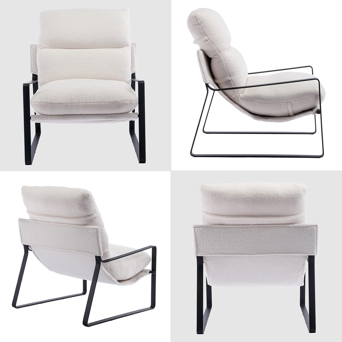 DUOMAY Modern White Sherpa Accent Chair, Comfy Lounge Lazy Chair with Metal Leg, Mid-Century Corner