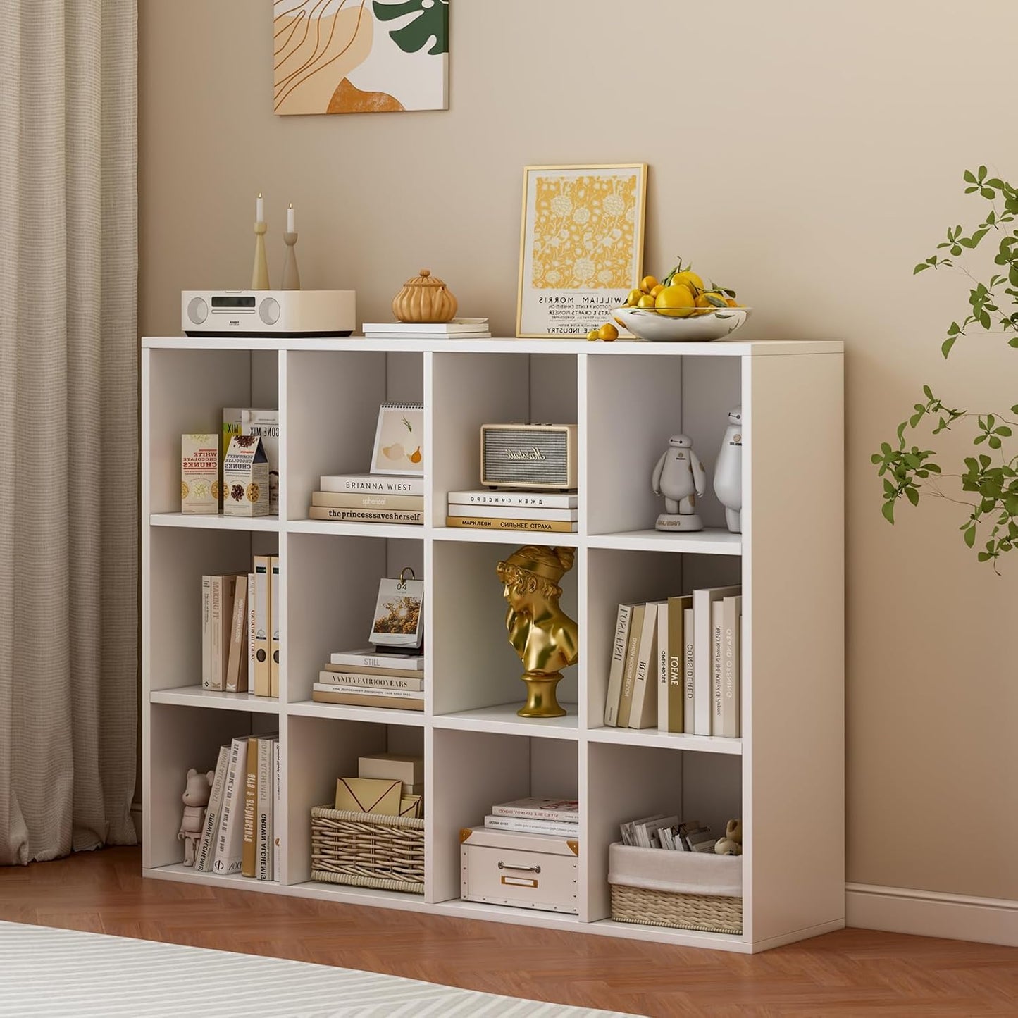 12-Cube Storage Shelf Bookcase - Wooden 3-Tier Floor Standing Open Bookshelf for Home and Office