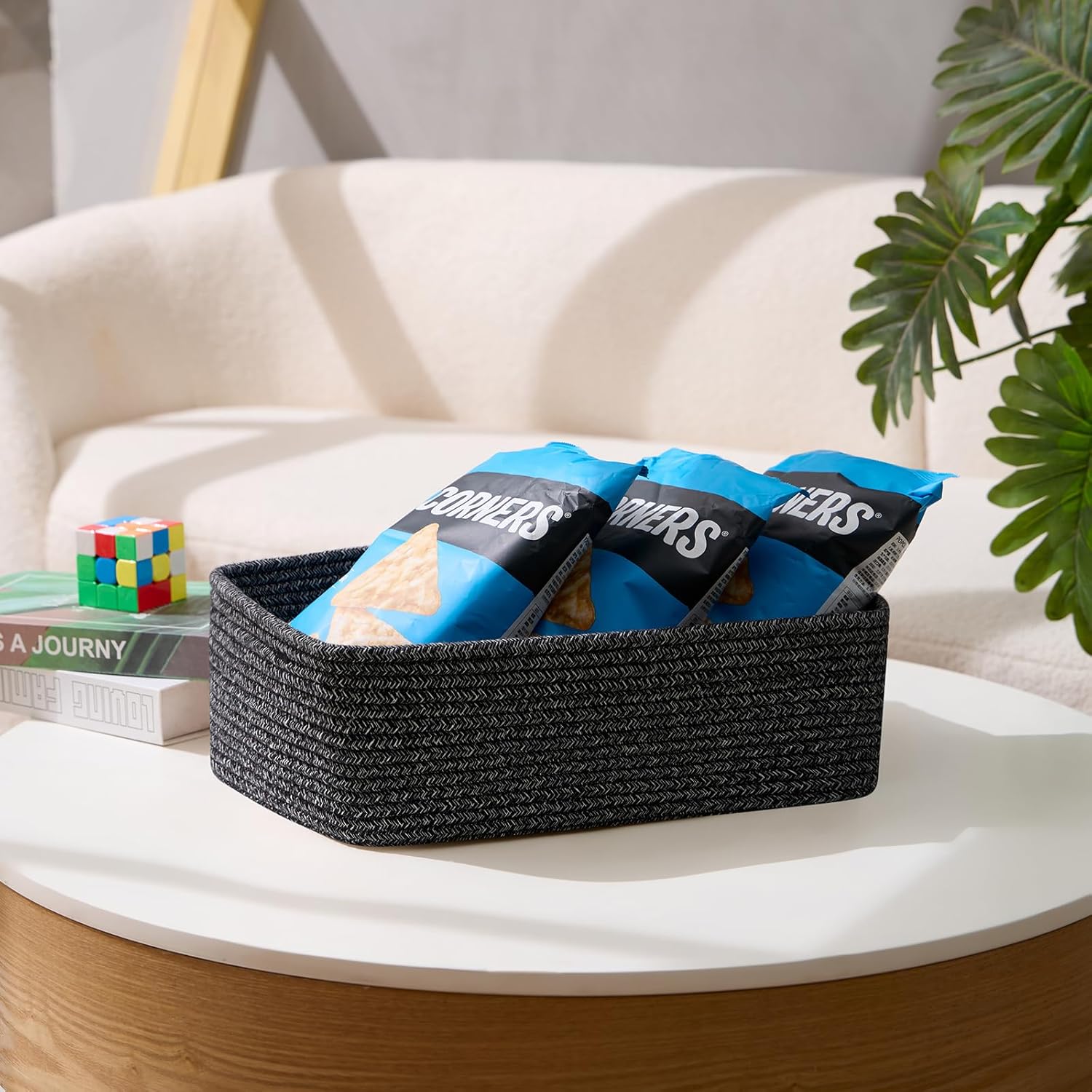 Large Shallow Organizing Baskets 15x11x5.1 Inches - Rope Woven Storage Bins for Bathroom, Shelves