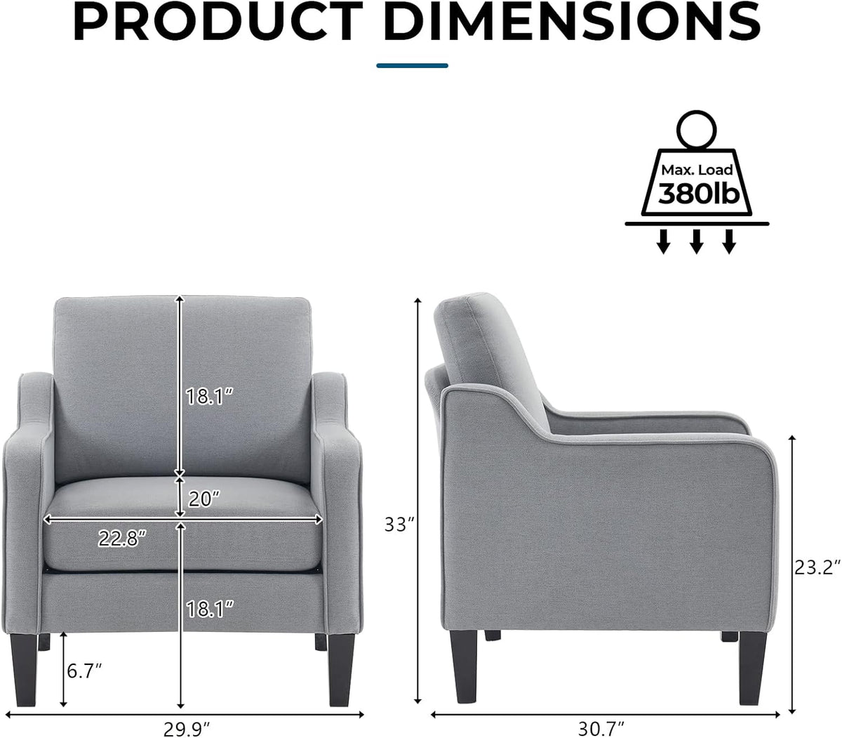 VINGLI Modern Accent Chairs Set of 2, Grey Living Room Chairs Comfy Armchair for Bedroom