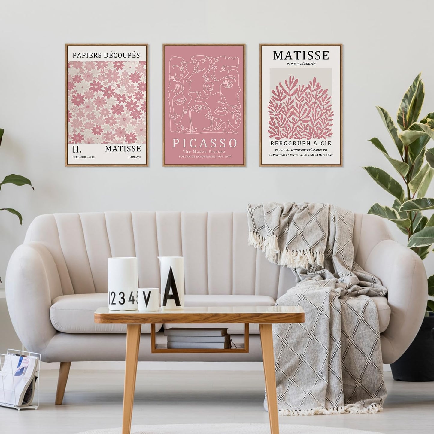 HLNIUC Matisse Pink Wall Art,Neutral Pink Flower Framed Canvas Wall Decor Set of 3(16”x24’) Modern