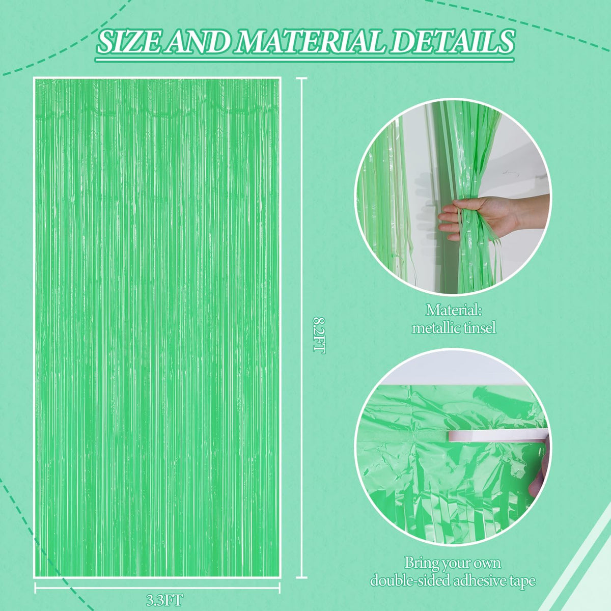 3 Pack Foil Fringe Backdrop - Pastel Light Green Shiny Tinsel Curtains for Party Decoration/Photo