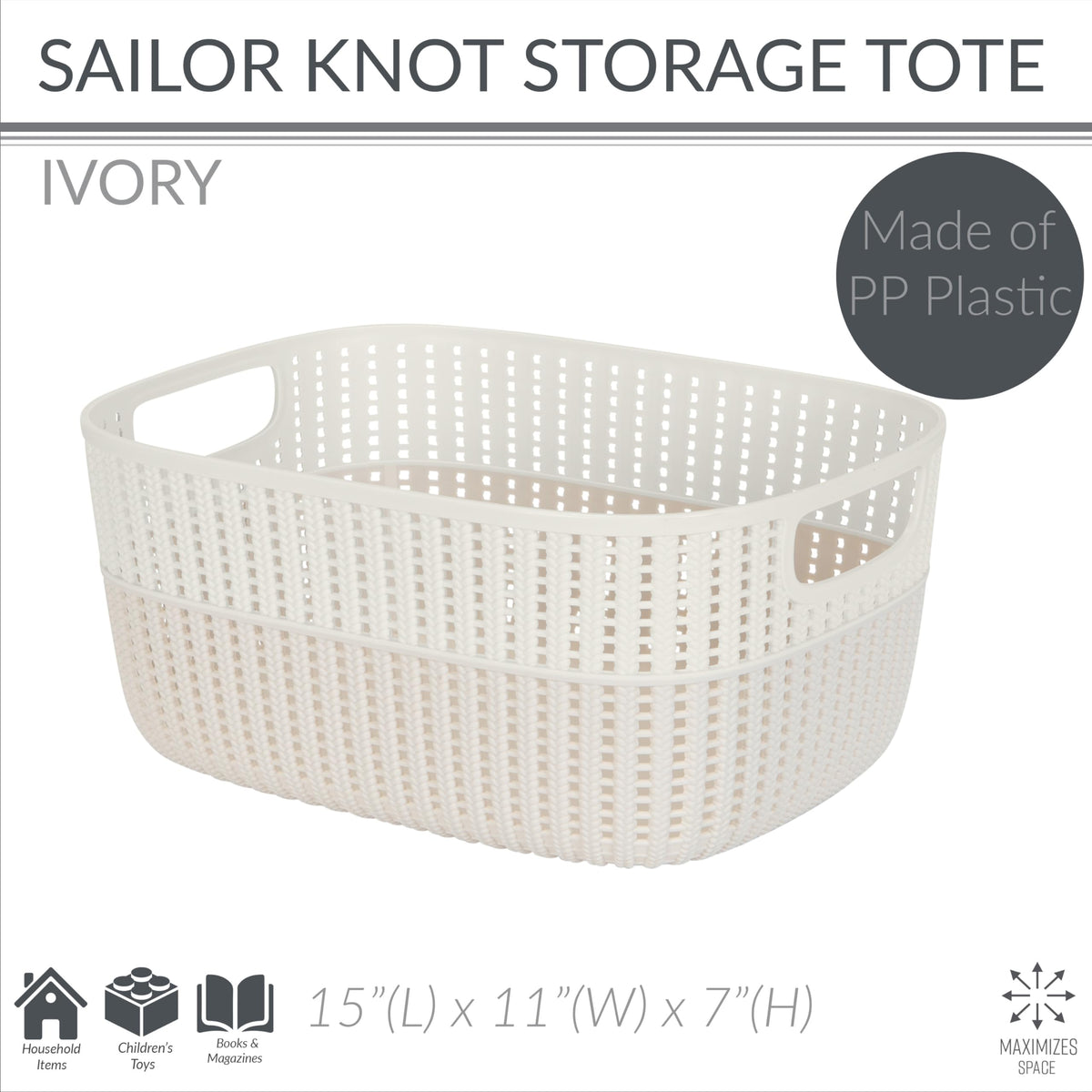 Simplify 2 Tone Sailor Knot Plastic Storage Tote | Decorative Basket | Closet Organization |