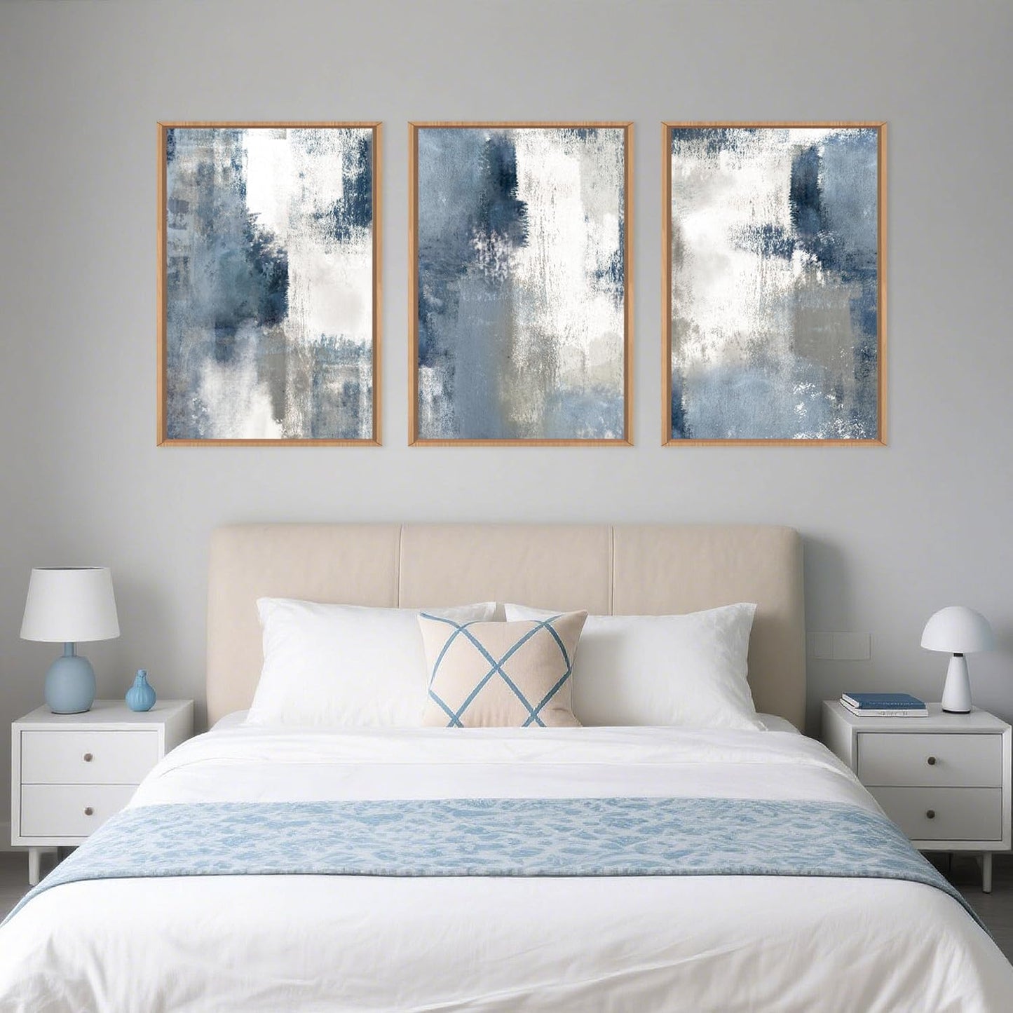 LHIUEM Large Abstract Brush Strokes Framed Canvas Wall Art Set,Navy Blue and Gray Wall Decor,Modern