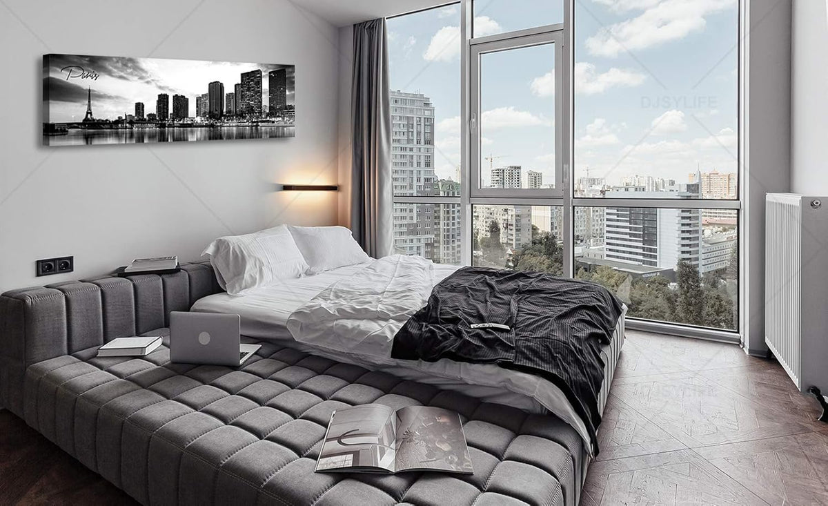 DJSYLIFE Paris Eiffel Tower Skyline Wall Art Black and White Modern City Night View Panoramic