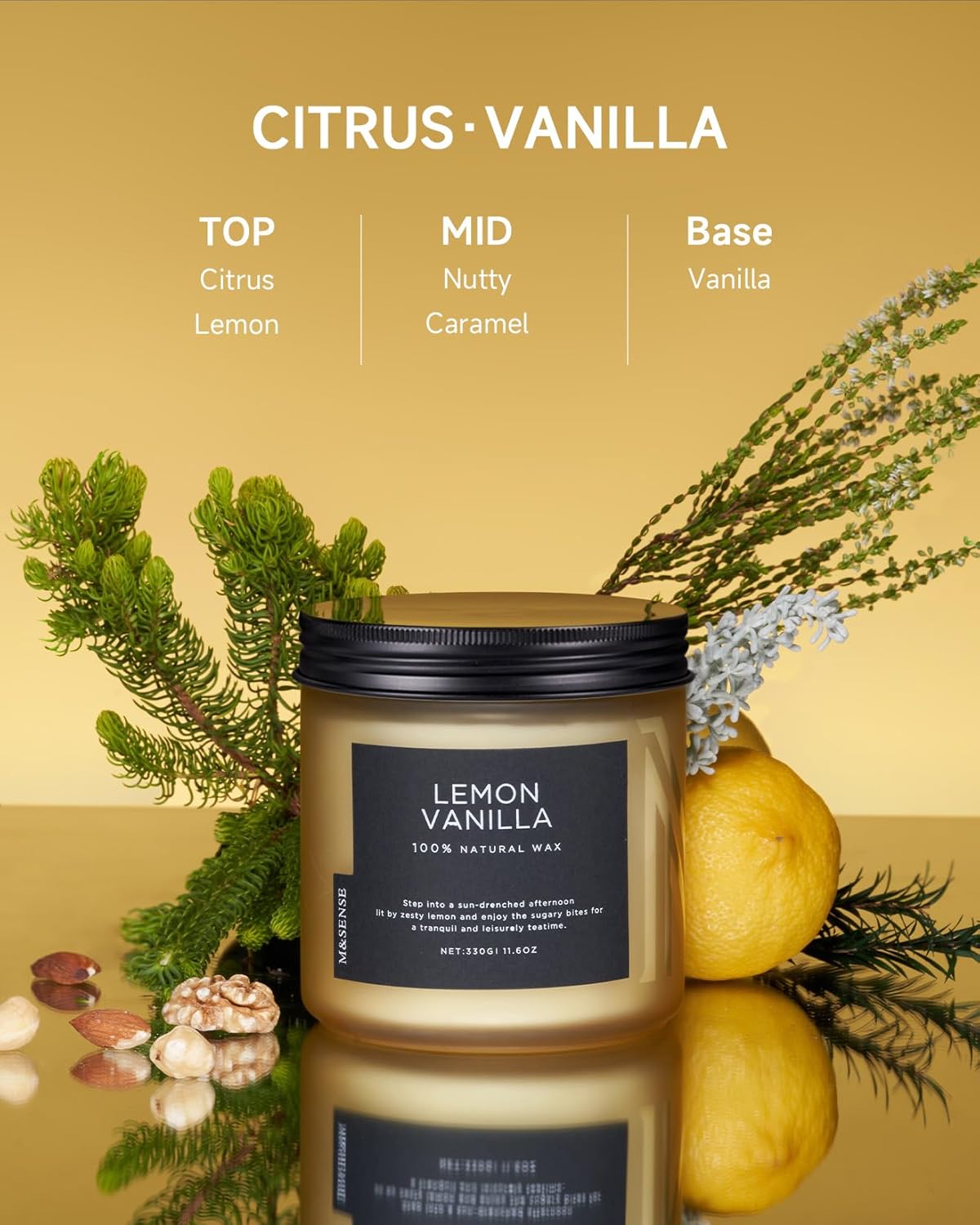 M&SENSE Candles Lemon Vanilla Scented, 11.6oz 70 Hour Long Lasting Candles for Home, 2 Wick Natural