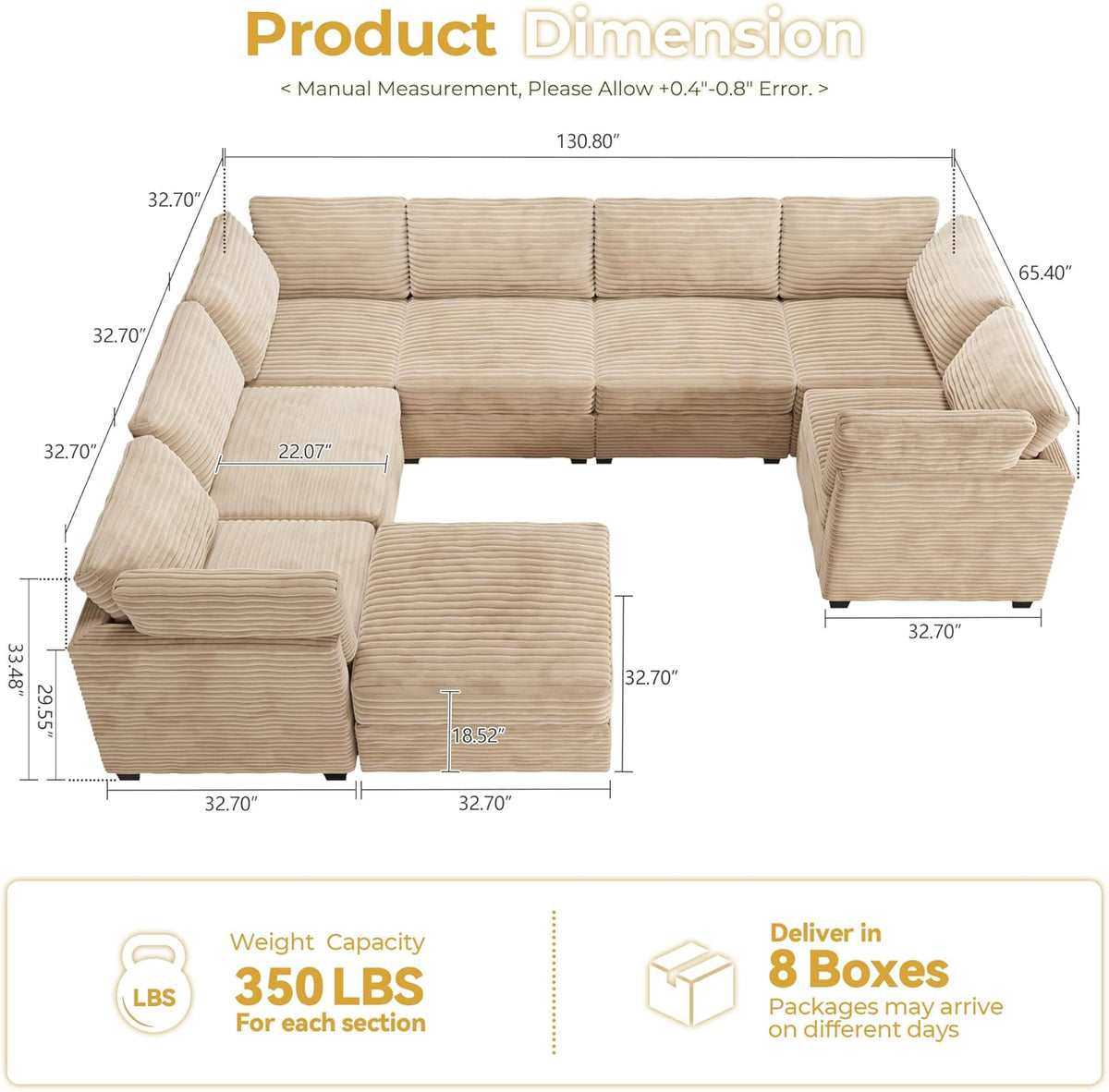 HOOOWOOO Modular Sectional Sofa,8 Pieces Sectional Couches for Living Room,131X98 G Shaped Cloud