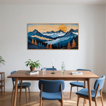 Blue Woodcut Mountain Framed Canvas Wall Art Set, Boho Abstract Ridge Wall Decor, Pine Tree