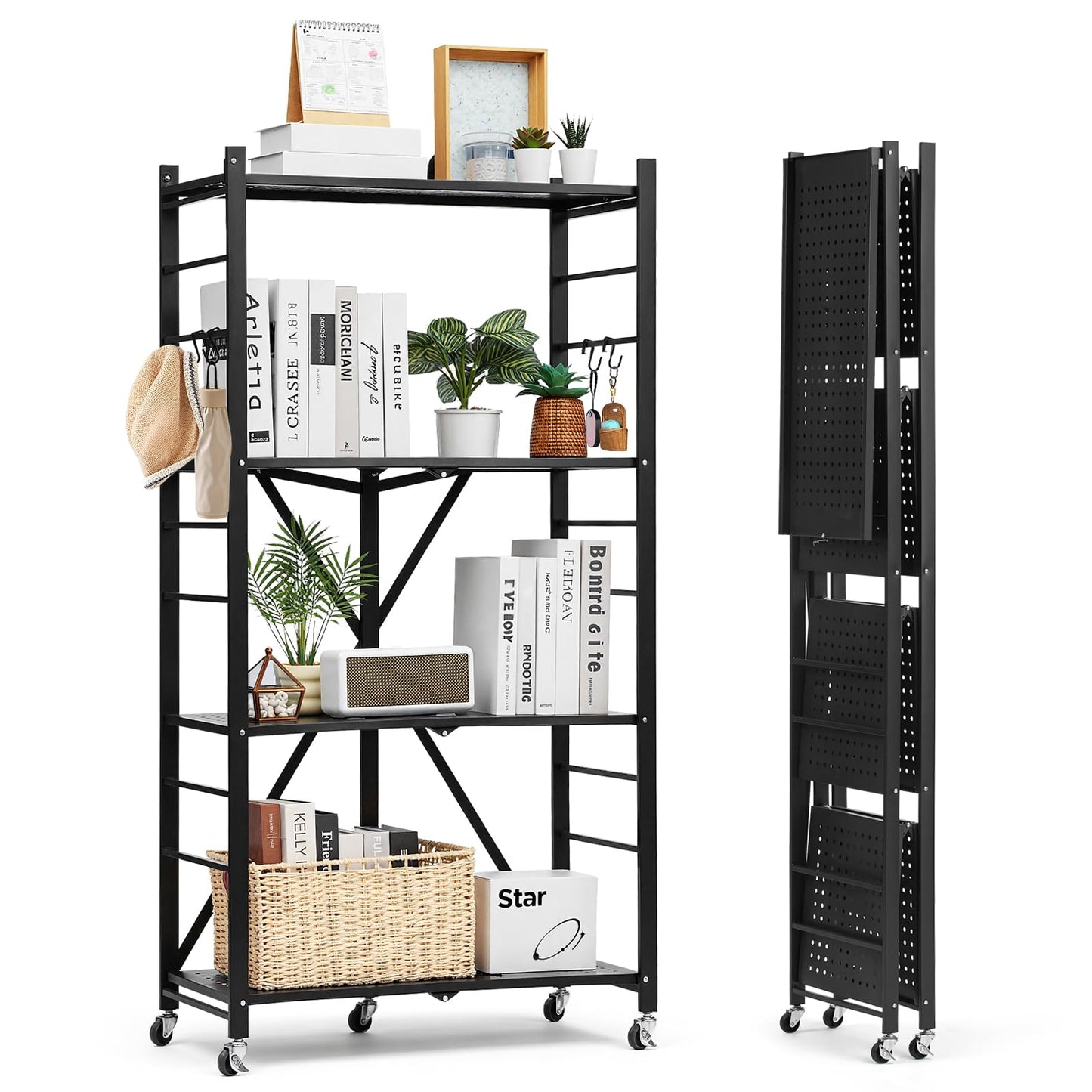 VEVOR 4-Tier Foldable Storage Shelf, 28W x 13D x 54H Inch Folding Metal Rack Shelving Unit, No