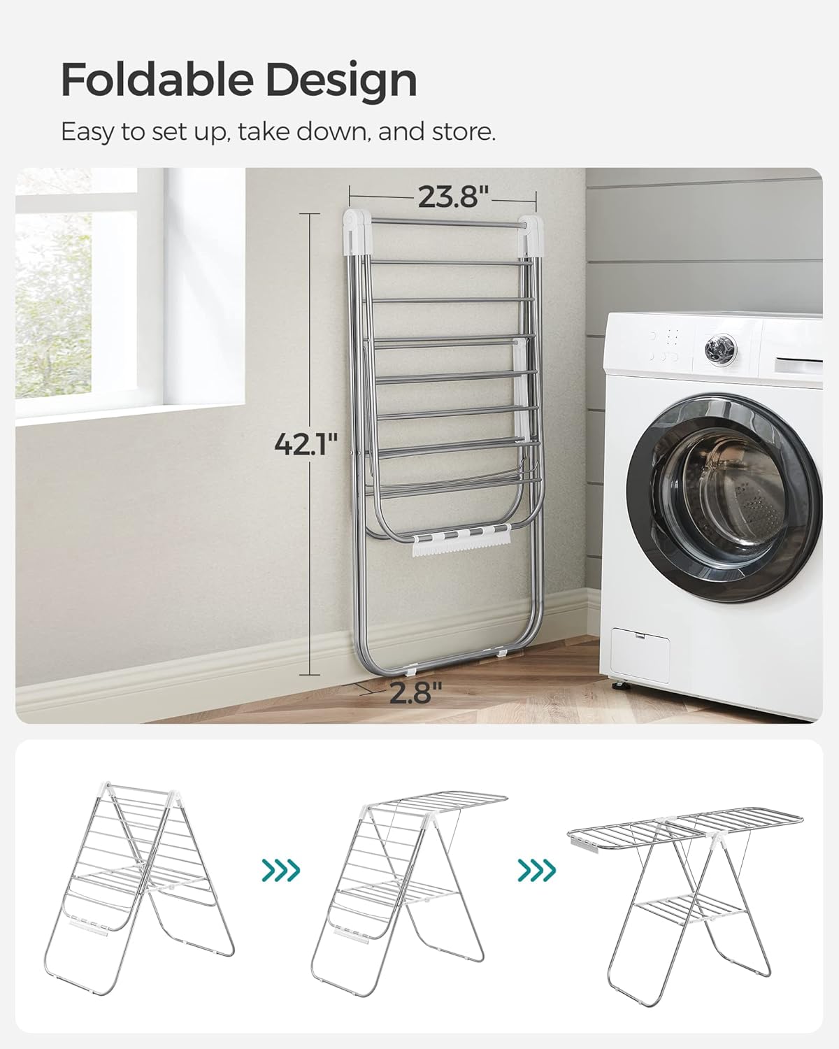 SONGMICS Clothes Drying Rack, with Sock Clips, Metal Laundry Rack, Foldable, Space-Saving
