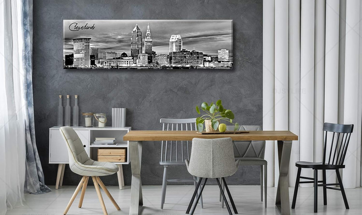 Cleveland Skyline Decor Wall Art Canvas Prints Black and White Night View USA Cityscape Panoramic