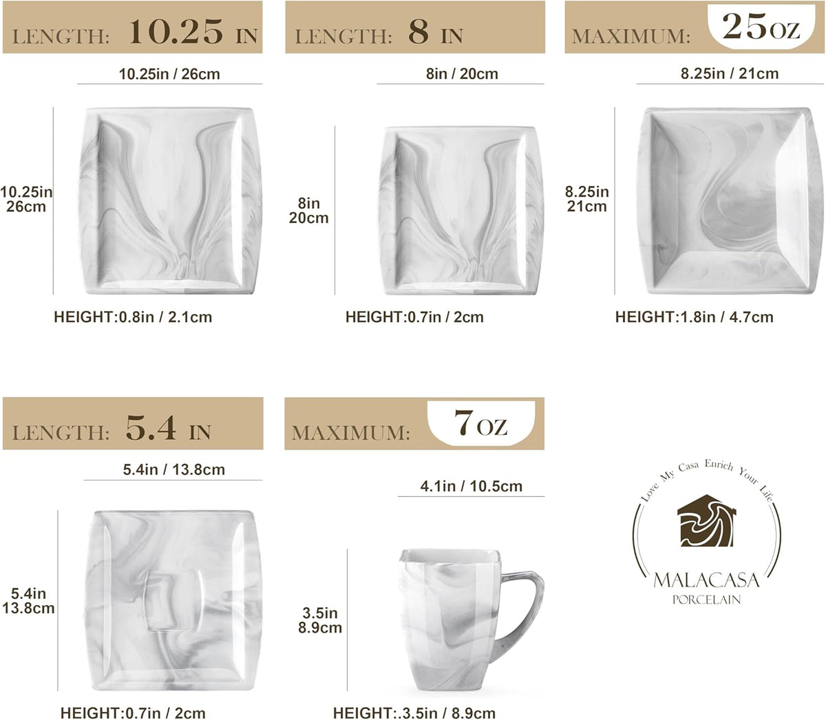 MALACASA Dinnerware Sets, 30 Piece Porcelain Plates and Bowls Sets for 6, Square Dish Set with