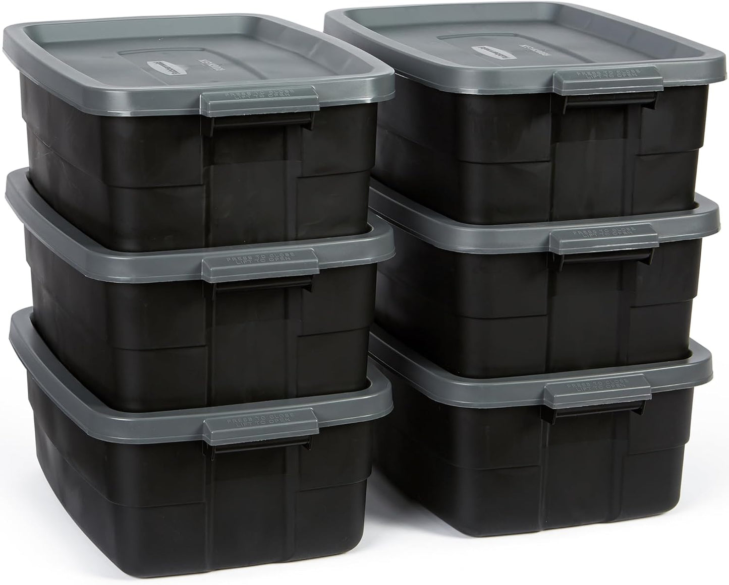Rubbermaid Roughneck Tote 10 Gal, 6 Pack, Made in USA, Black & Gray, Rugged Plastic Stackable