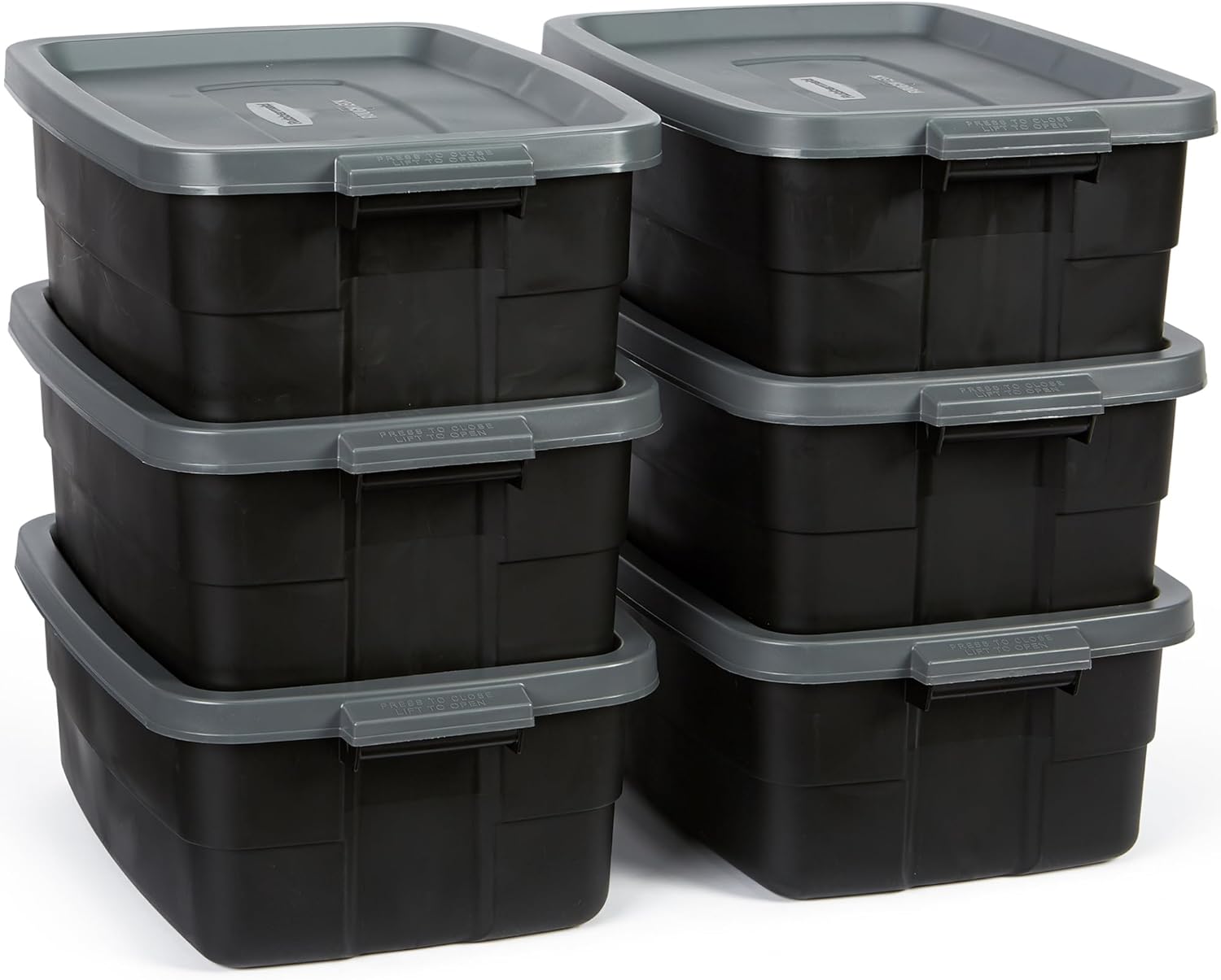 Rubbermaid Roughneck Tote 10 Gal, 6 Pack, Made in USA, Black & Gray, Rugged Plastic Stackable