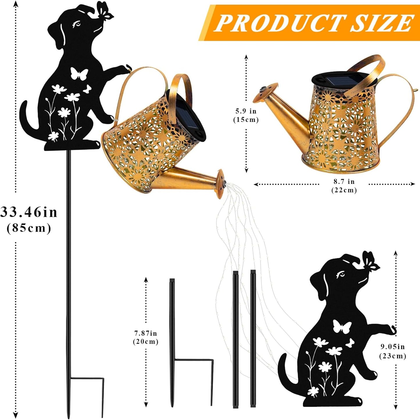 Solar Lights Outdoor Decorative, Watering Can with Cascading Lights, with Dog Silhouette Garden