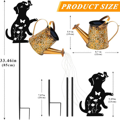 Solar Lights Outdoor Decorative, Watering Can with Cascading Lights, with Dog Silhouette Garden