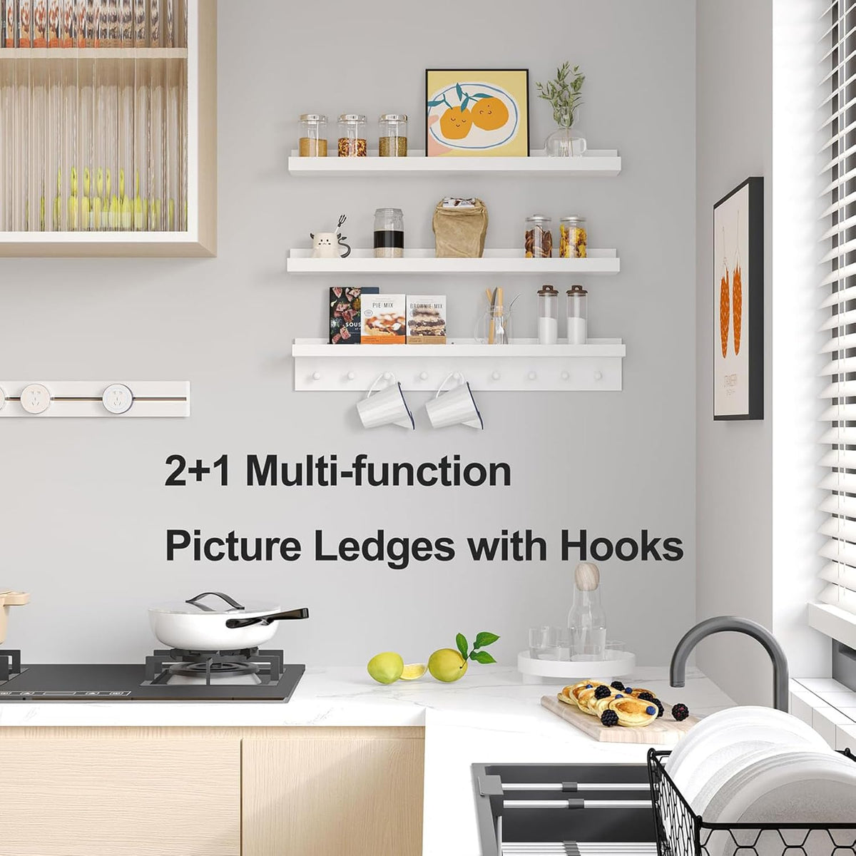 MBYD White Floating Shelves for Wall with Hooks, Nursery Book Shelves for Kids Room, 36 Inch Wall