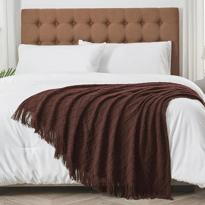 inhand Knitted Throw Blankets for Couch and Bed, Soft Cozy Knit Blanket with Tassel, Diamond Brown