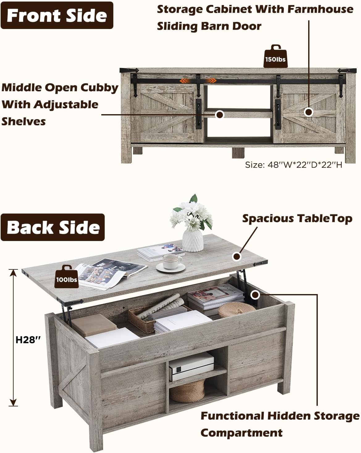 OKD 48" Farmhouse Lift Top Coffee Table with Sliding Barn Door, Rustic Center Table w/Hidden