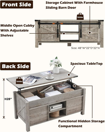 OKD 48" Farmhouse Lift Top Coffee Table with Sliding Barn Door, Rustic Center Table w/Hidden