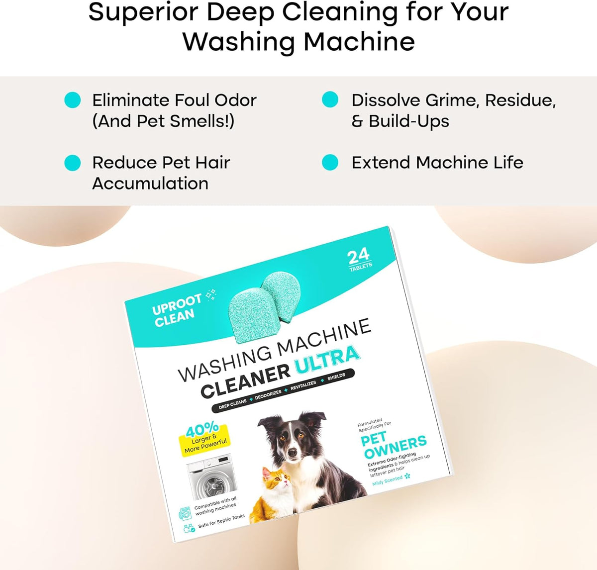 Uproot Clean Washing Machine Cleaner Tablets Ultra - 40% Stronger Formula: Designed for Pet Owners