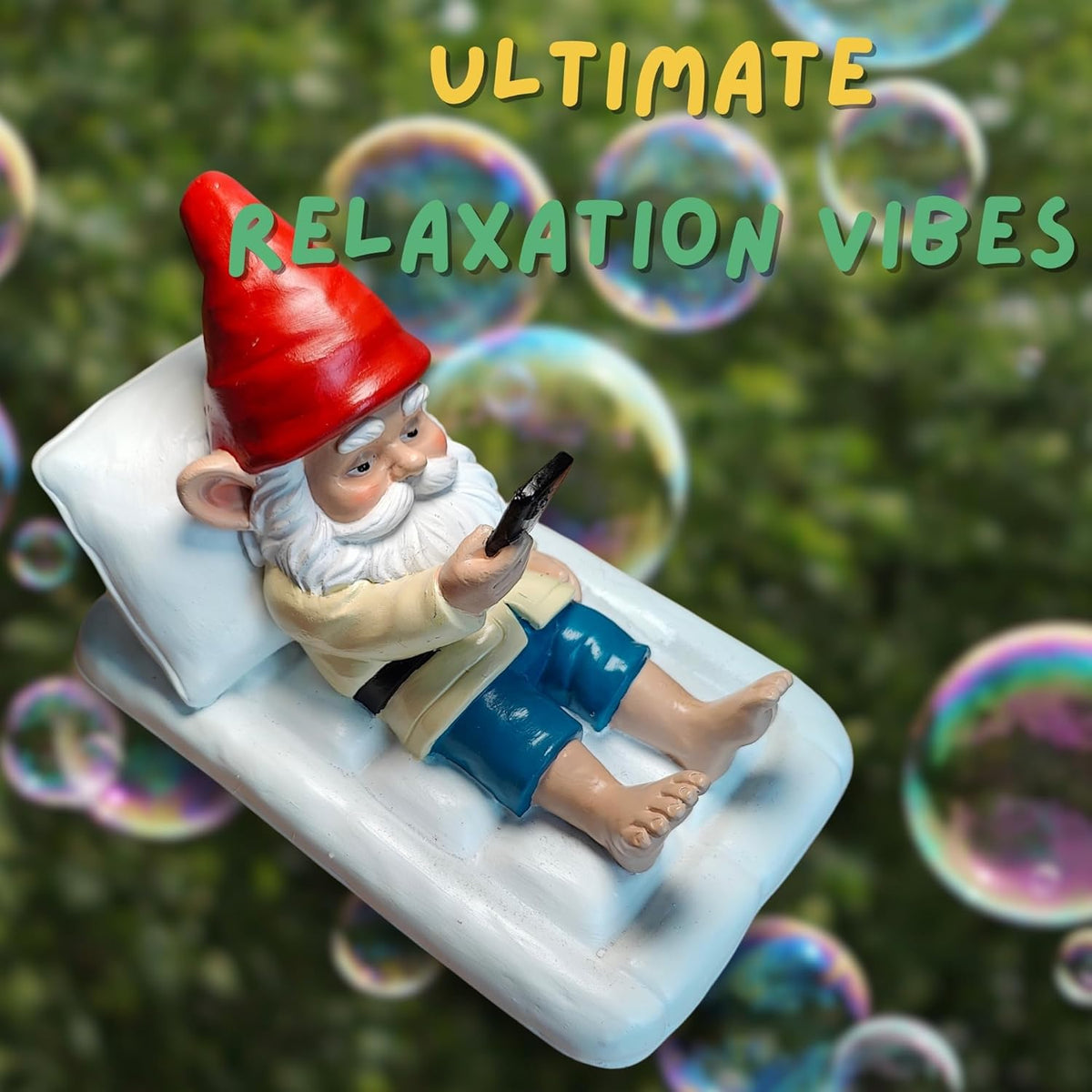Relaxing Pool Gnome with Smartphone - 5.6" Heavy Resin Garden Statue - Weather-Resistant Funny Lawn