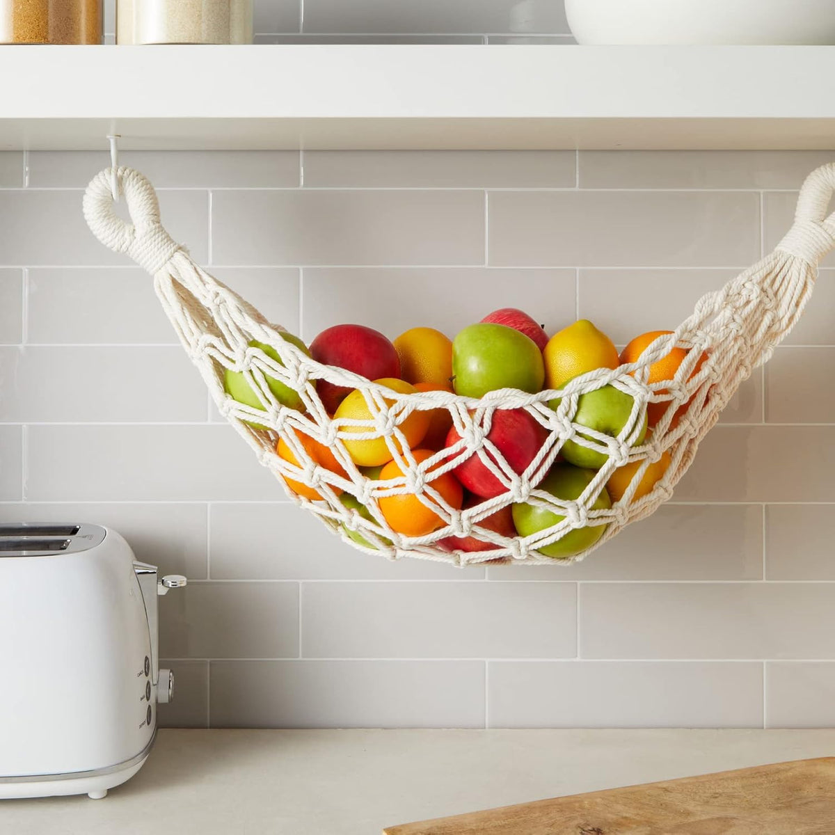 Okuna Outpost Macrame Hanging Fruit Basket Hammock for Kitchen - 6 x 25 x 15 in - White Cotton