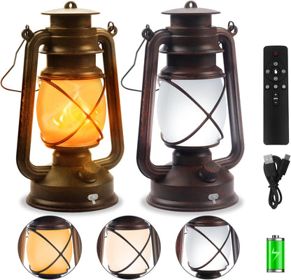 2 Pack Bronze Vintage 4 Modes Light LED Lanterns，Rechargeable Dancing Flame Lanterns Decorative