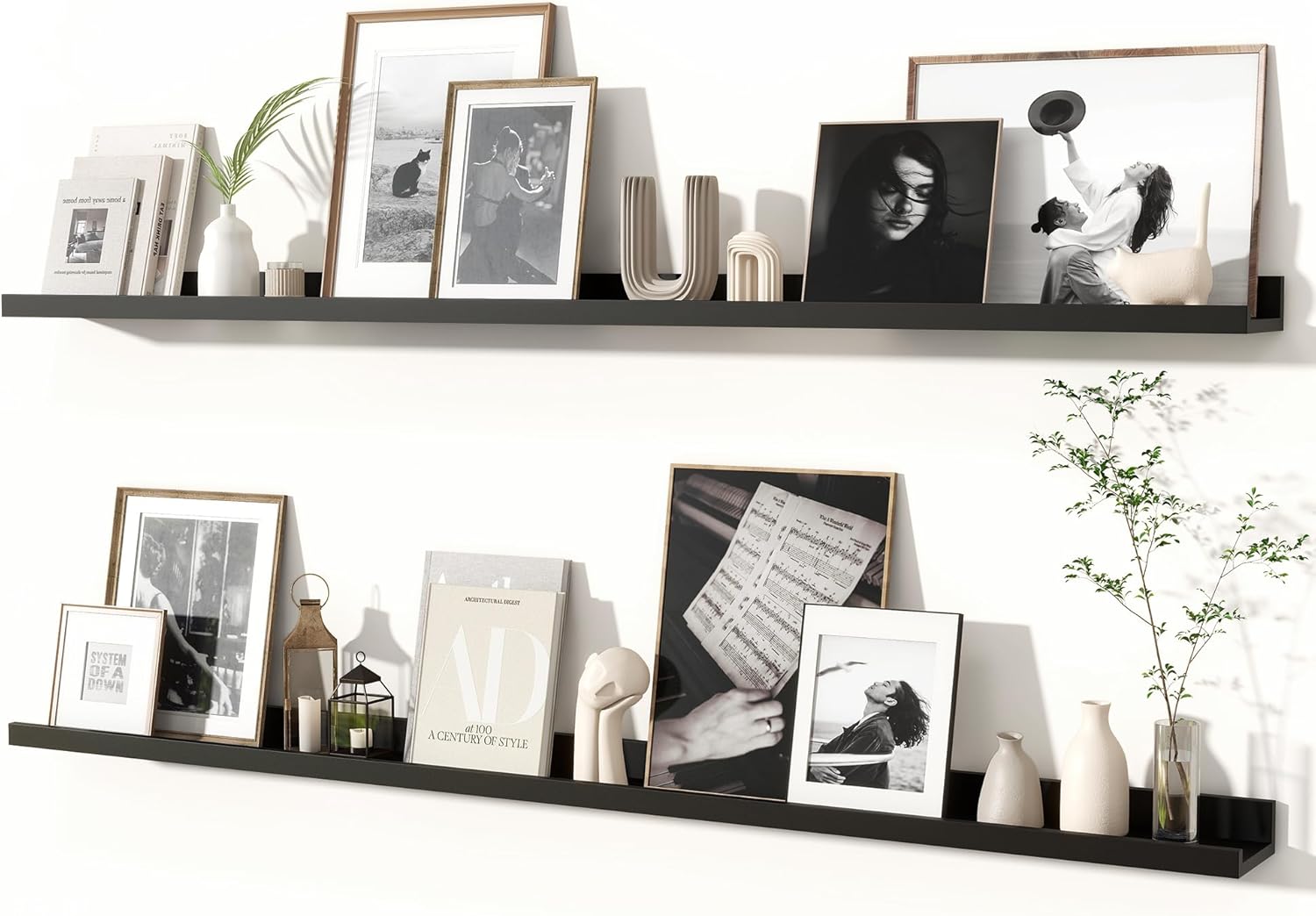 Fun Memories Picture Ledge Shelves Set of 2, 55 Inch Rustic Wall Mounted Floating Shelves with Lip