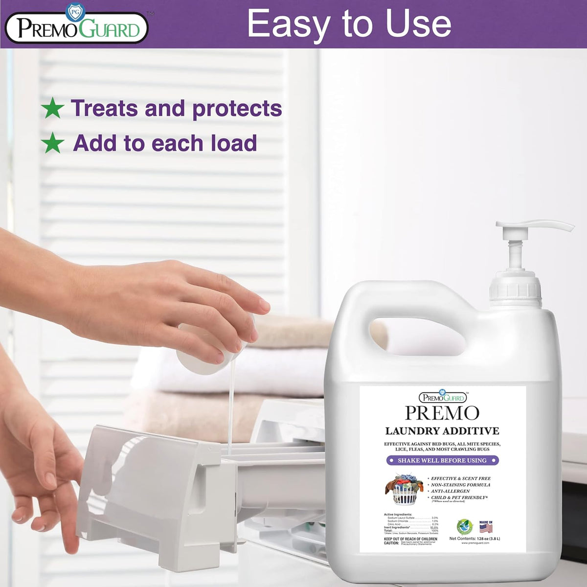 Premo Guard Bed Bug, Mite & Lice Laundry Detergent Additive 128 oz – Child & Pet Friendly – Stain &