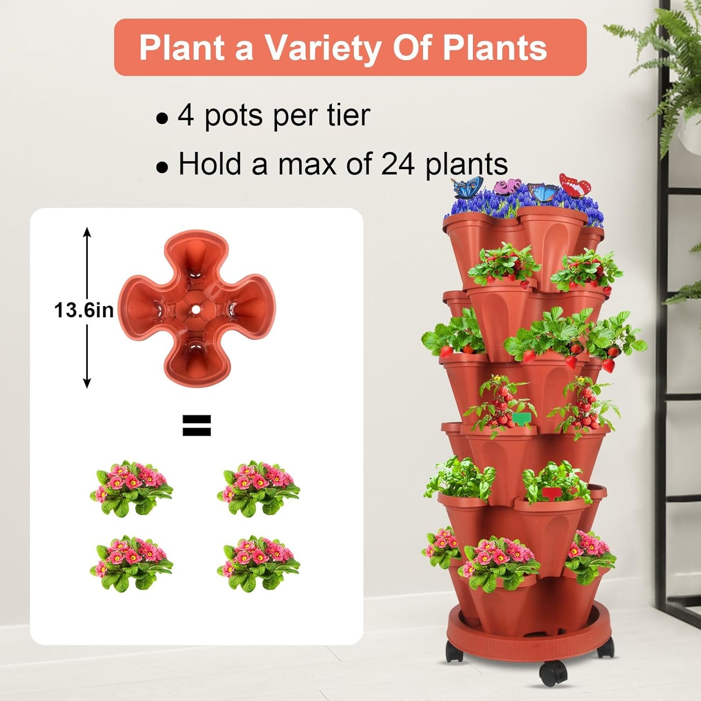 Vertical Planter, 6 Tier Stackable Strawberry Planter with Garden Tool Set, Movable Indoor/Outdoor