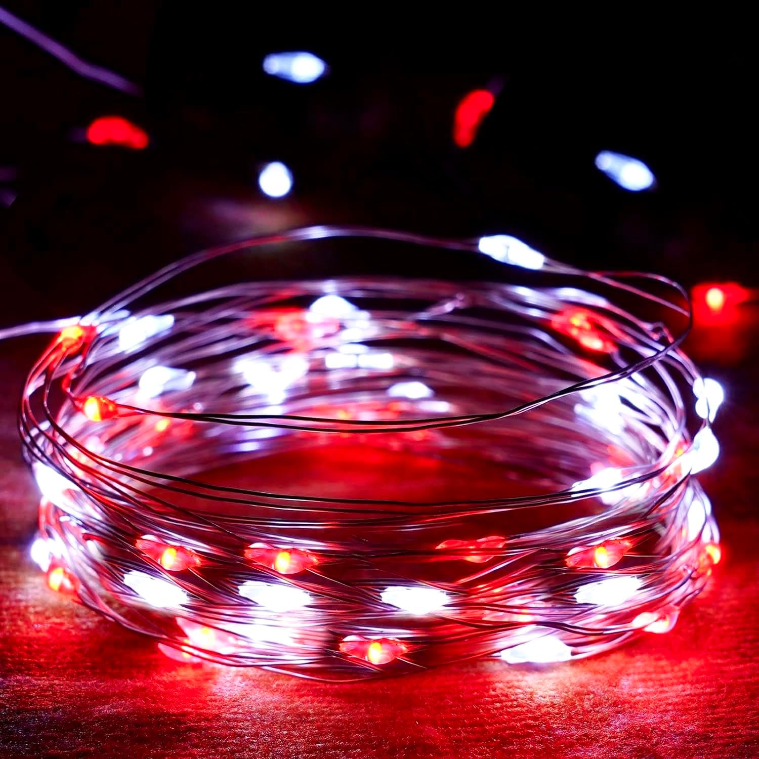 4-Pack Red and White Fairy Lights Battery Operated with Timer, Waterproof 16FT 50 LED String Lights