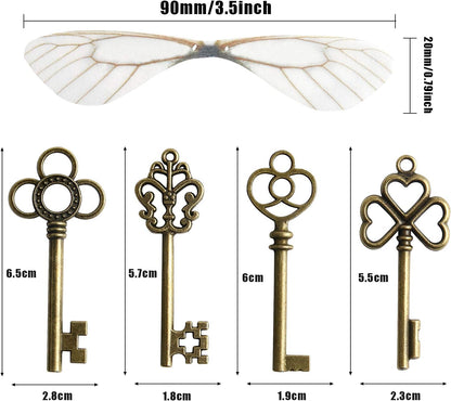 SANNIX 30 PCS Vintage Skeleton Keys Flying Keys with 30 Pairs Dragonfly Wings and 30 Yards Elastic