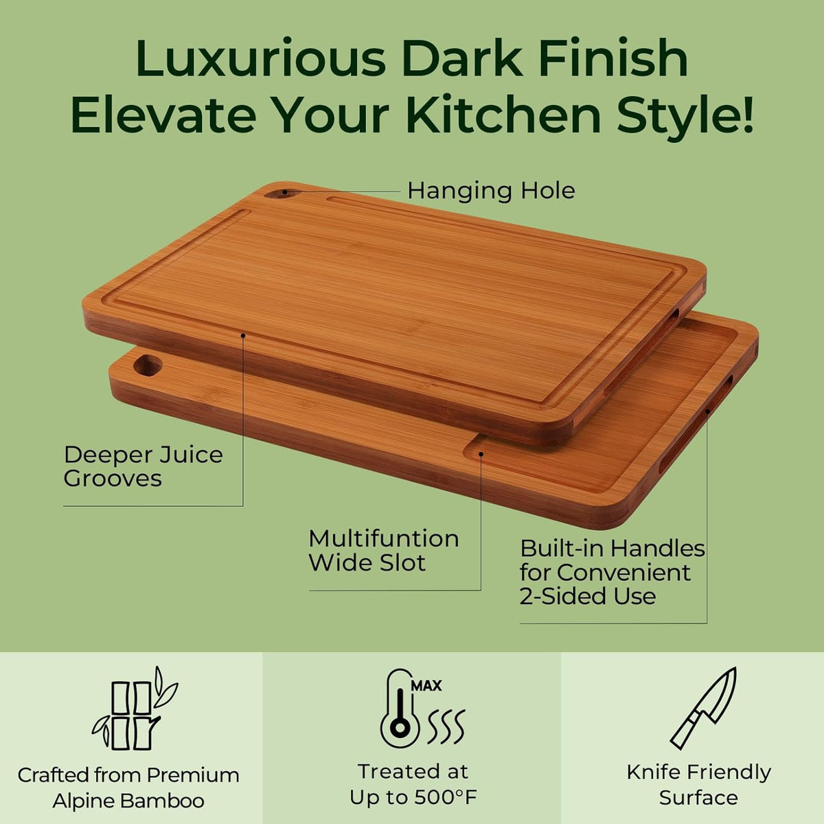 Bamboo Cutting Board, Durable Wood Cutting Boards for Kitchen with Deep Juice Grooves & Built-in