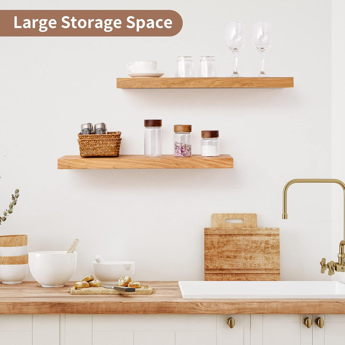 Axeman Floating Shelves for Wall, 24''W x 8'' D Rustic Solid Elm Wood Shelves for Storage, Wall