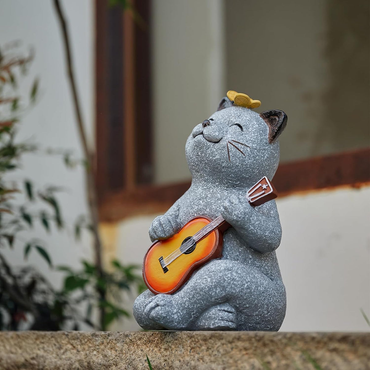 Cat Garden Statue Outdoor Decor, Cat Sculpture with Guitar and Butterfly for Yard Lawn Patio