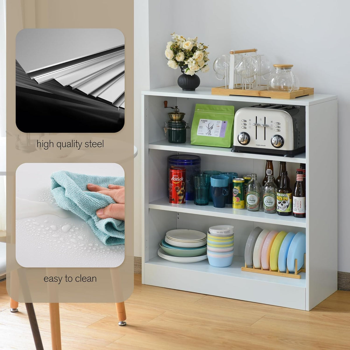 3-Tier Bookshelf with Adjustable Shelves, White Metal Space Saving Storage Shelf Bookcase, Small