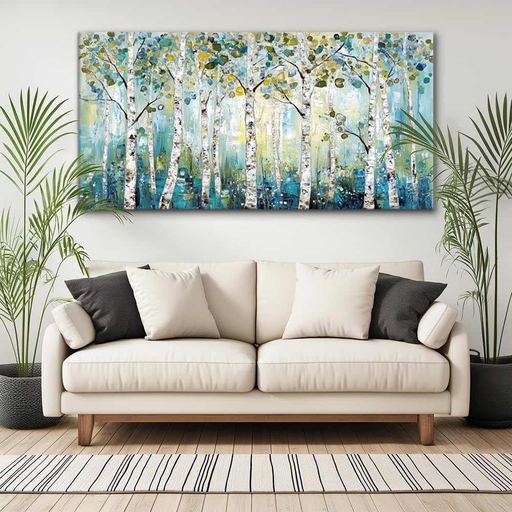 LASMOND Abstract Teal Grove Canvas Paintings Prints Modern Tree Wood Artwork Decor Wall Art for